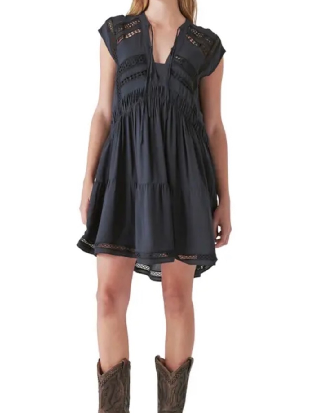 Lucky Brand Navy Lace Inset Tiered Mini Dress w/ Slip Size L